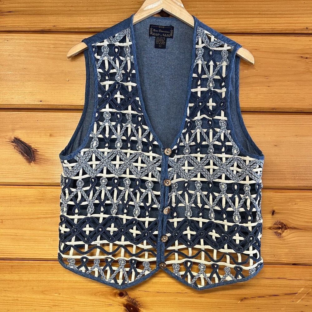 Unique Cotton Western New Directions Cowboy Denim Chic Vest L Wood Buttons